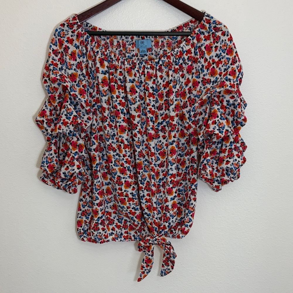 CeCe White Red Blue Floral Tie Puff Sleeve Blouse